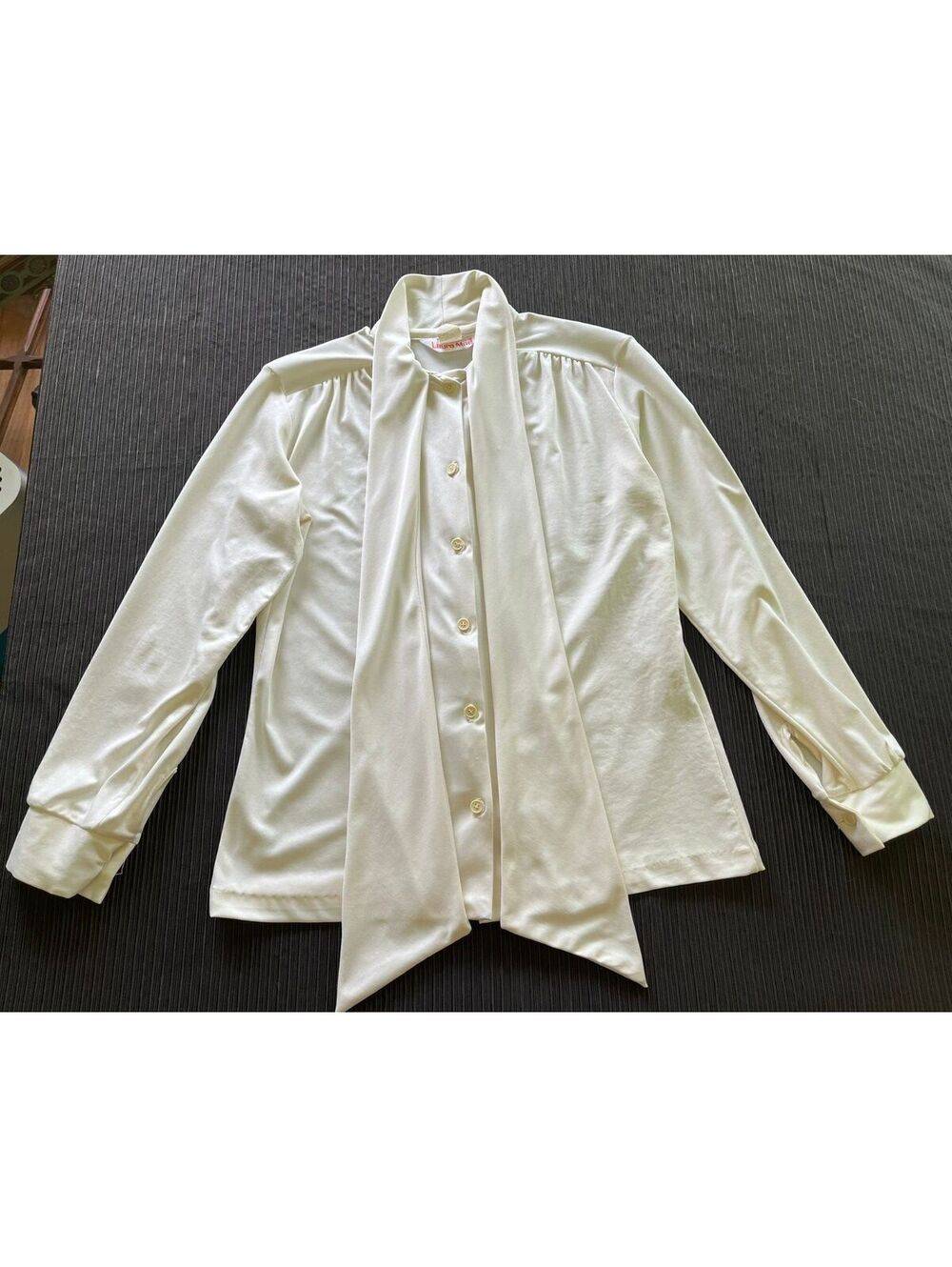 Vintage 70s Laura Mae Ivory Double-Breasted Blouse Dagger Collar Sz M
